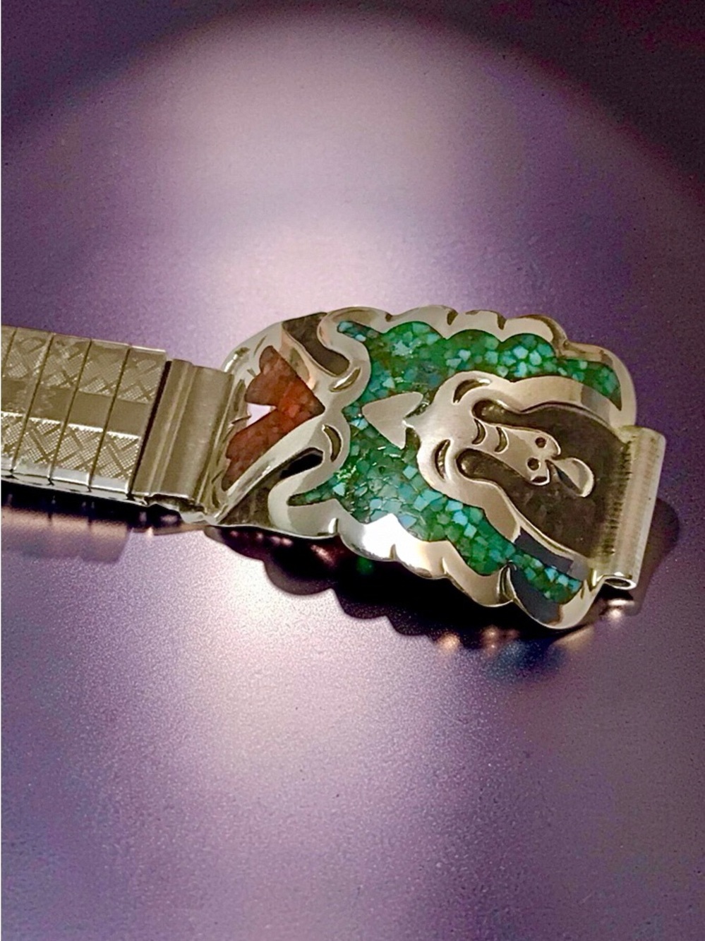 Men’s Sterling Navajo Turquoise/Coral Inlay Thunderbird Tips/Band Signed SD - Picture 12 of 14